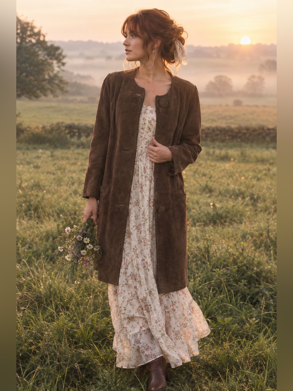 Vintage 60s 70s Brown Suede Collarless Longline Trench Coat